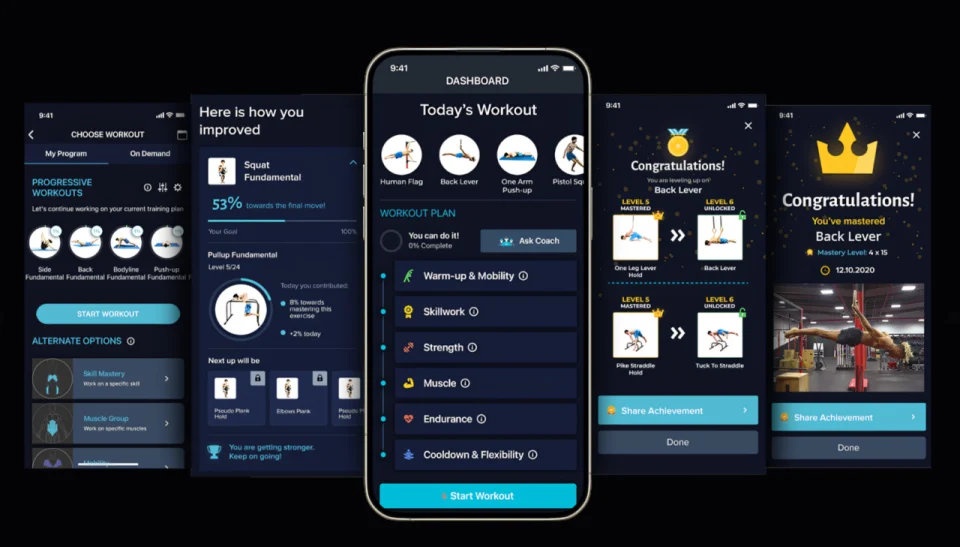 The Movement Athlete app — choosing a workout, your plan for today, progress and skill mastery